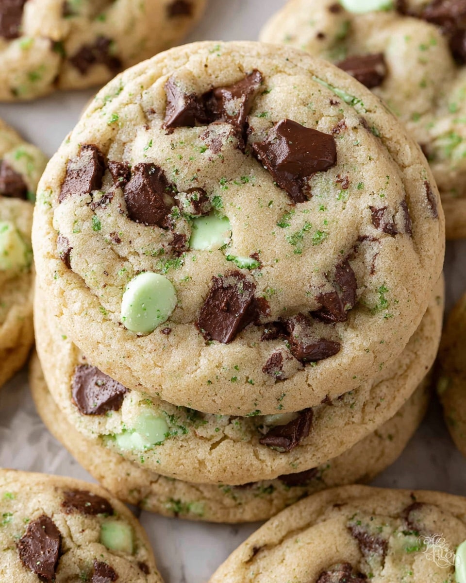 A close-up view of several soft, thick cookies stacked slightly on each other, each cookie showing a light golden-brown, slightly cracked surface texture. They are filled with many irregularly shaped dark brown chocolate chunks and smaller mint green chips with speckles, scattered evenly across the top layer and embedded inside, giving a mixed color effect of brown and green against the pale cookie dough. The cookies have a gentle round shape with edges that are slightly raised. The background is a white marbled texture. photo taken with an iphone --ar 4:5 --v 7