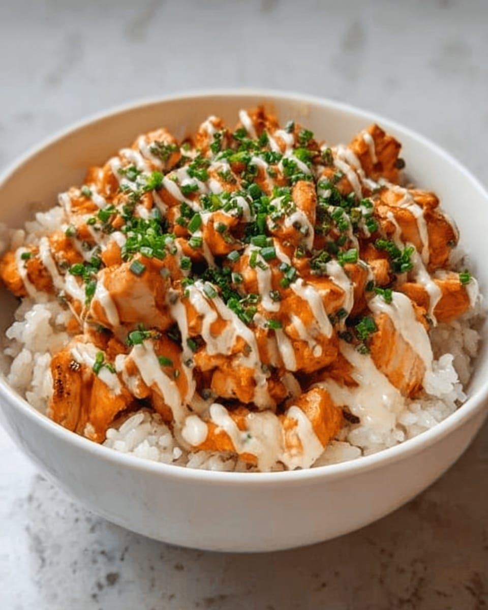 A white bowl filled with a dish showing two main layers: the bottom layer is white rice with a soft texture, and the top layer is small pieces of orange-colored cooked chicken drizzled with creamy white sauce. Fresh green chopped herbs are sprinkled evenly over the top, adding contrast to the orange chicken. The bowl sits on a white marbled surface. photo taken with an iphone --ar 4:5 --v 7