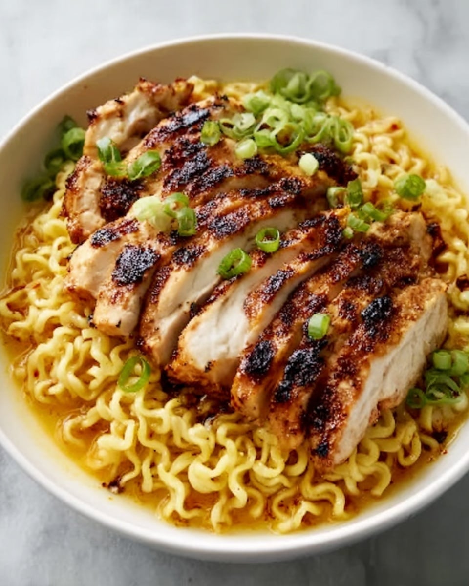 The image shows a white bowl filled with curly yellow noodles, topped with slices of grilled chicken that are golden brown with dark grill marks. The chicken is arranged in one layer over the noodles, and there are small green onion pieces scattered on top. The dish sits on a white marbled surface, and the colors of the noodles, chicken, and green onions contrast nicely. photo taken with an iphone --ar 4:5 --v 7