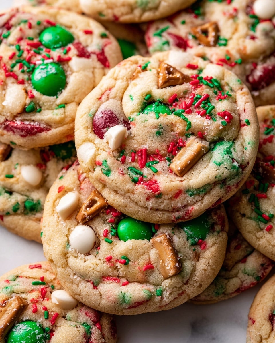 A close-up view of a pile of colorful cookies, each cookie showing a sandy beige base with embedded green and red round candy pieces, small red and green sprinkles scattered over the surface, broken pretzel pieces, white chocolate chips, and occasional light tan ridged chip bits. The cookies are stacked on top of each other on a white marbled surface, showing a soft, chewy texture with slightly cracked tops and varied mix-ins creating a festive, textured look. photo taken with an iphone --ar 4:5 --v 7