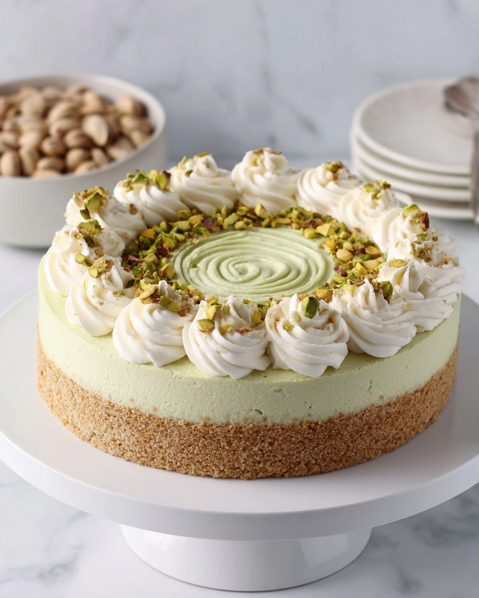 A round cake with three visible layers stands on a white cake stand against a white marbled background. The bottom layer is a light brown crumbly crust, looking firm and textured. The middle layer is a pale green, smooth creamy filling. The top layer is decorated with thick, white whipped cream swirls arranged in a ring around the edge. Inside the ring, there is a flat, pale green smooth area with a spiral pattern, sprinkled with chopped green pistachios that add a crunchy texture and green and brown color contrast. In the backdrop, there is a white bowl filled with pistachios and a white stack of plates. photo taken with an iphone --ar 4:5 --v 7