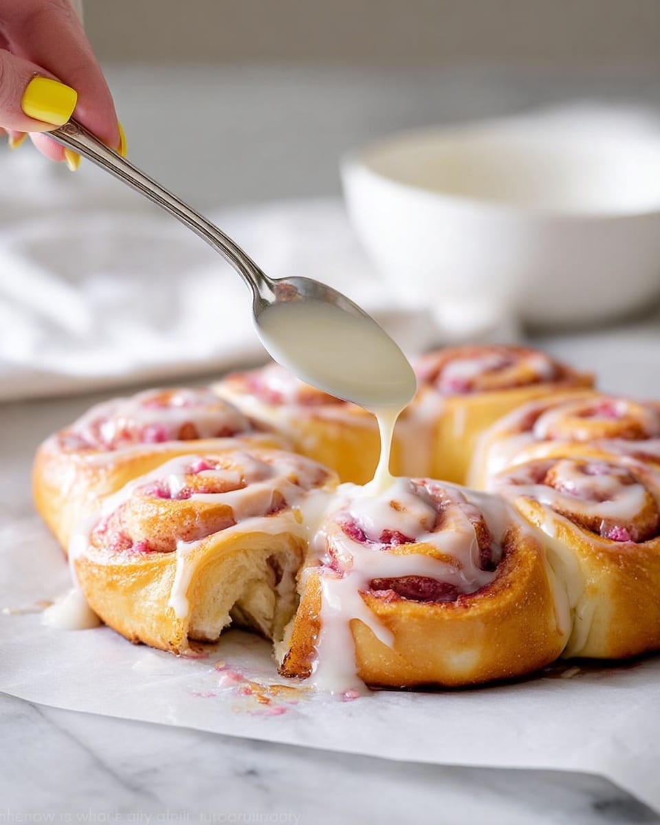 A ring-shaped arrangement of golden-brown cinnamon rolls is set on white parchment paper over a white marbled surface. Each roll shows swirls of pink filling, some oozing slightly onto the paper beneath. A woman's hand with yellow nail polish holds a silver spoon, pouring a creamy white glaze over the top left rolls in a smooth flowing motion, adding a glossy texture. In the blurred background, a white bowl sits quietly. photo taken with an iphone --ar 4:5 --v 7