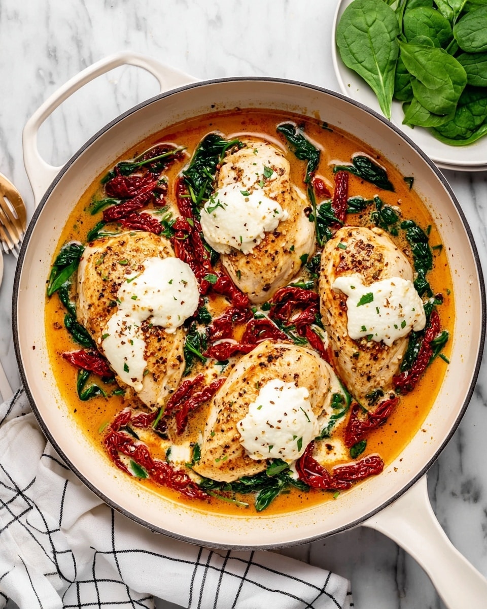 A large white pan holds four cooked chicken breasts, each topped with a soft white dollop of cheese. Around and under the chicken, there are bright red strips of cooked sun-dried tomatoes and dark green wilted spinach leaves mixed into a light orange sauce that spreads over the bottom of the pan. The chicken breasts are golden with some light browning and sprinkled with small bits of seasoning. The pan is placed on a white marbled surface with a white cloth featuring a black grid pattern nearby and a white plate with fresh spinach leaves to the top right. Photo taken with an iphone --ar 4:5 --v 7