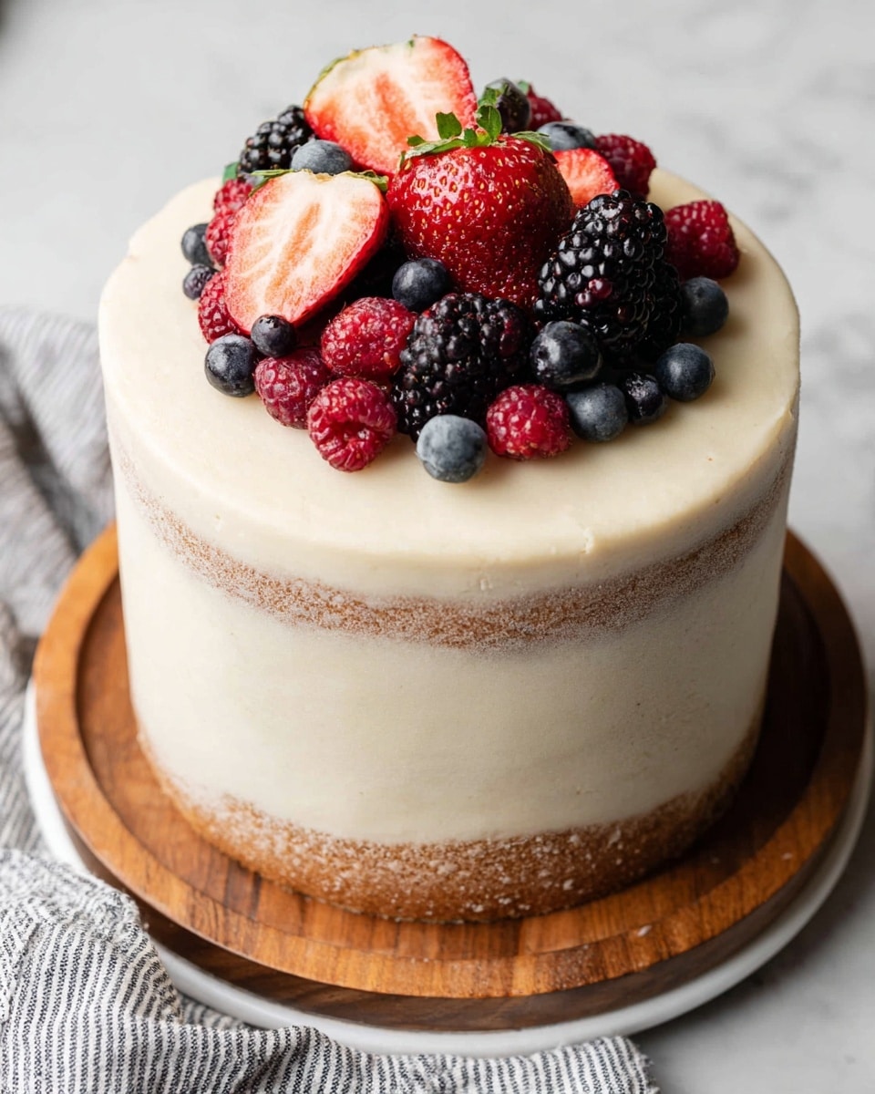 A three-layer round cake with light beige frosting that is thinly spread, showing a bit of the cake underneath. The top layer is decorated with a mix of fresh berries including halved bright red strawberries, black blackberries, dark blue blueberries, and red raspberries, all piled in the center. The cake sits on a wooden board placed on a white plate, with a grey and white striped cloth nearby on a white marbled surface. photo taken with an iphone --ar 4:5 --v 7