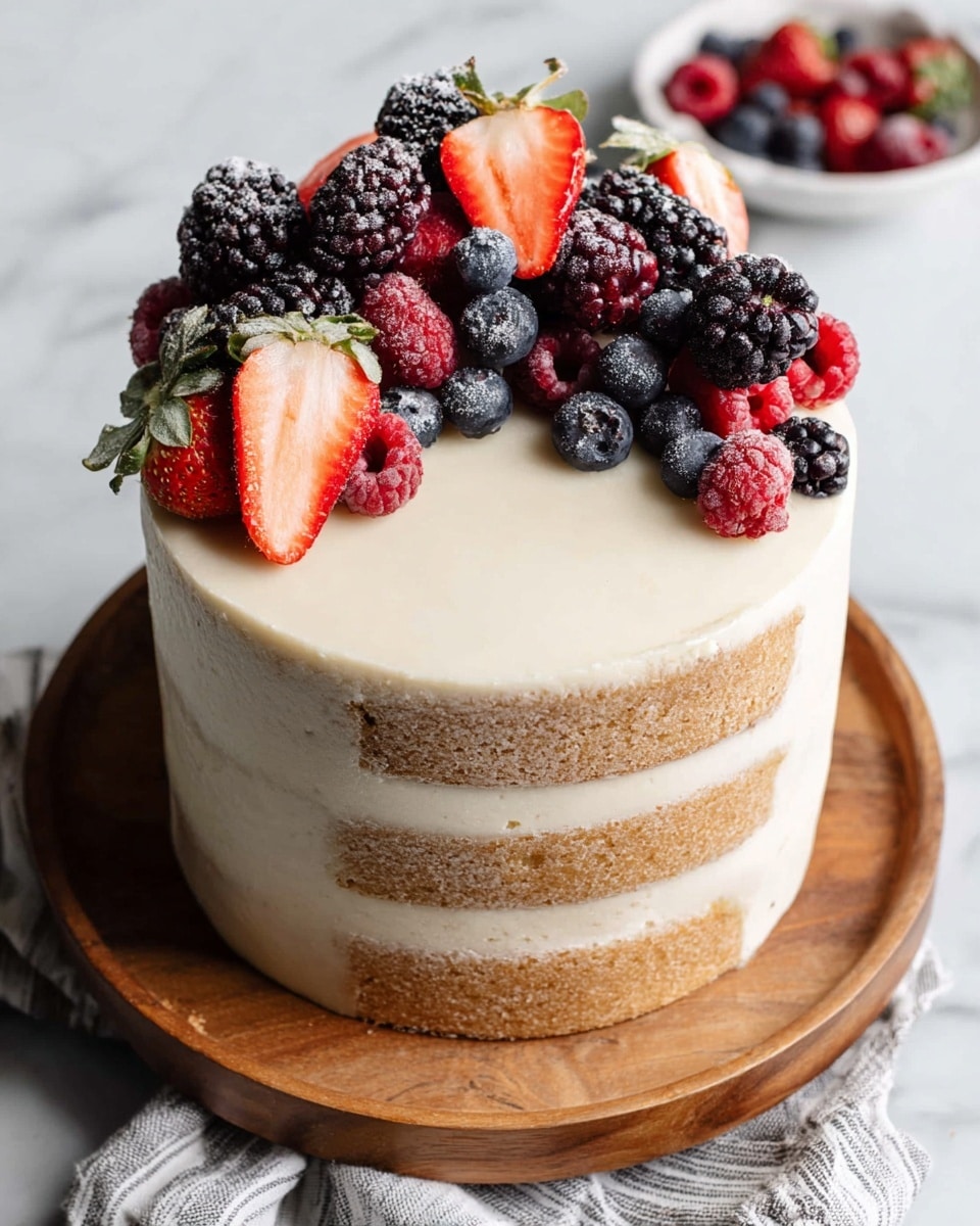 A tall, three-layer cake with a smooth, light cream-colored frosting that is slightly thin, allowing a faint view of the cake layers beneath. On the top, there is a colorful mix of fresh berries including whole blackberries, blueberries, raspberries, and strawberry halves placed in a small pile in the center. The cake sits on a wooden base, which is on a white plate with a white marbled texture surface in the background. photo taken with an iphone --ar 4:5 --v 7