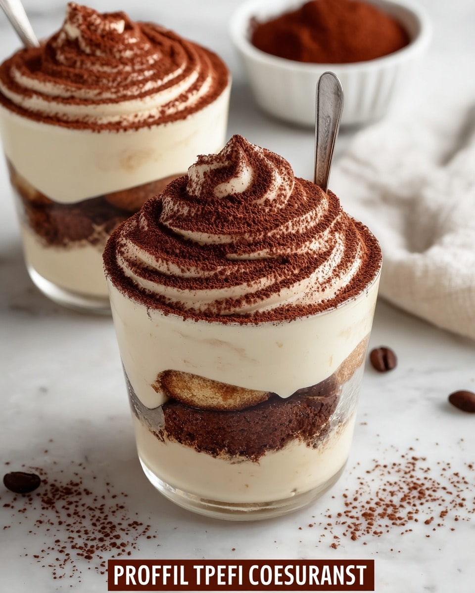 The image shows two white glass cups filled with a layered tiramisu dessert placed on a white marbled surface with coffee powder scattered around. Each cup has four visible layers, starting with a creamy light beige layer, followed by a dark brown coffee-soaked layer with a somewhat rough texture, repeated twice. The top layer is a thick swirl of smooth cream dusted generously with dark brown cocoa powder, forming a small peak in the center. One cup has a silver spoon inside it, and there is a small white bowl filled with cocoa powder in the background. Photo taken with an iphone --ar 4:5 --v 7