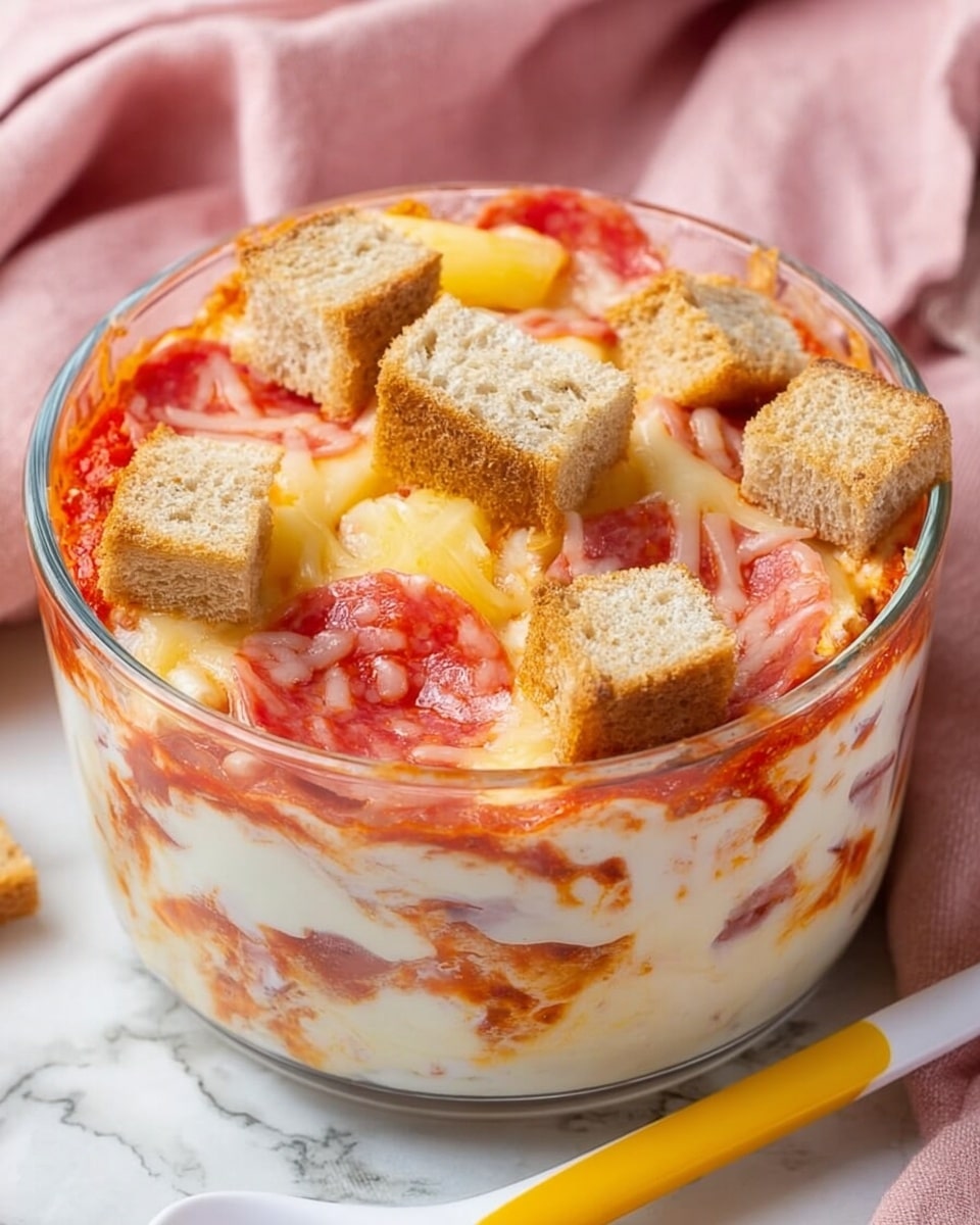 The image shows a clear glass bowl filled with three main layers. The bottom layer is creamy and white with a thick texture, possibly ricotta or a cream mixture. The middle layer has a bright red tomato sauce mixed with thin slices of pinkish-red pepperoni and some light yellow chunks that look like pineapple. The top layer is melted cheese that is golden and bubbly, covering the tomato sauce and toppings. On top, several light brown bread cubes with a rough texture are placed, adding a crunchy element. The bowl sits on a white marbled surface, with a soft pink cloth nearby and a yellow and white spoon beside it. Photo taken with an iphone --ar 4:5 --v 7