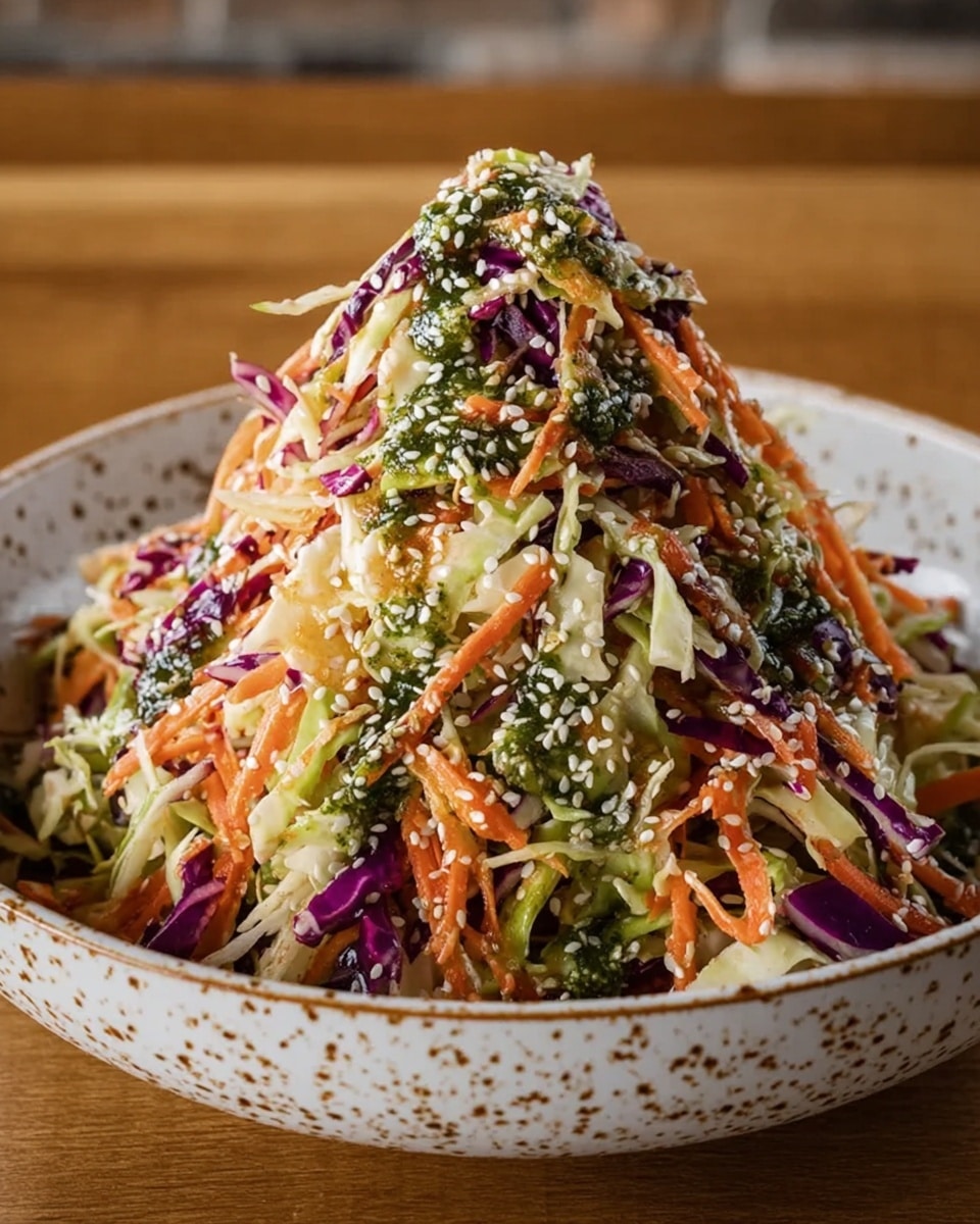 A vibrant salad piled high in a white bowl with speckled brown edges sits on a wood surface, featuring a colorful mix of shredded light green cabbage, bright orange carrot strips, and deep purple cabbage pieces, all mixed with a green herb dressing and sprinkled generously with white sesame seeds. The salad has a fresh, crisp texture and a tall, conical shape, with each layer clearly visible and slightly glossy from the dressing. The background is softened, putting full attention on the fresh vegetables and their vivid contrast. Photo taken with an iphone --ar 4:5 --v 7
