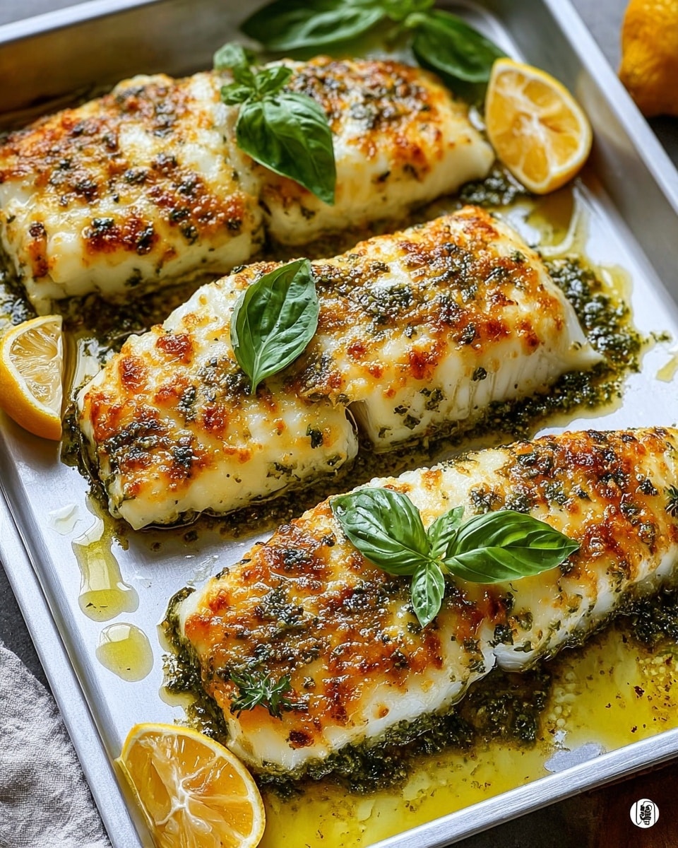 Three thick white fish fillets lie on a white marbled textured surface inside a metal tray, each topped with a golden-brown, slightly crispy cheese layer with specks of green herbs. The edges of the fish have a green pesto-like coating, and fresh green basil leaves rest on top of each fillet. Around the fish, there are puddles of golden oil and small lemon wedges with bright yellow skin and juicy texture placed along the sides. The overall look is fresh, warm, and inviting. Photo taken with an iphone --ar 4:5 --v 7