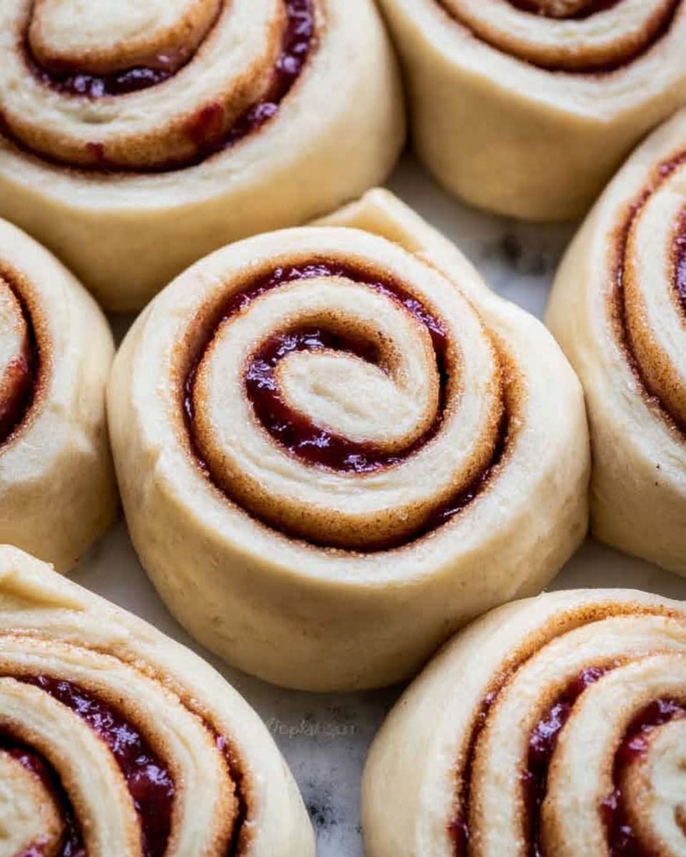 The image shows a close-up view of several unbaked cinnamon rolls tightly packed together. Each roll has a spiral shape with three to four visible layers of soft dough, light cream to pale beige in color. Between the layers, there is a dark reddish-brown filling that looks like a fruit or cinnamon jam with a slightly sticky texture. The rolls have a smooth surface with a few small cracks around the edges of the dough. They are arranged closely on a white marbled surface. photo taken with an iphone --ar 4:5 --v 7