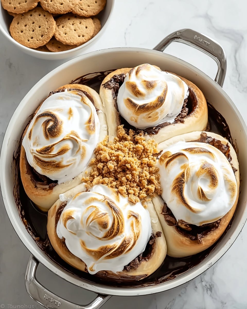 The image shows four large cinnamon rolls placed close together in a round white pan with a metal handle. Each roll has a soft, light cream-colored dough base with swirls of rich, dark chocolate spread inside. On top, each roll is covered with thick, glossy white marshmallow meringue that is toasted to a light golden brown in spots, creating a swirled pattern on each roll. In the center of the four rolls, there is a sprinkle of crushed light brown crumbs, adding texture and contrast. The pan is set on a white marbled surface, and in the background, there is a white bowl filled with cinnamon-flavored crackers. photo taken with an iphone --ar 4:5 --v 7