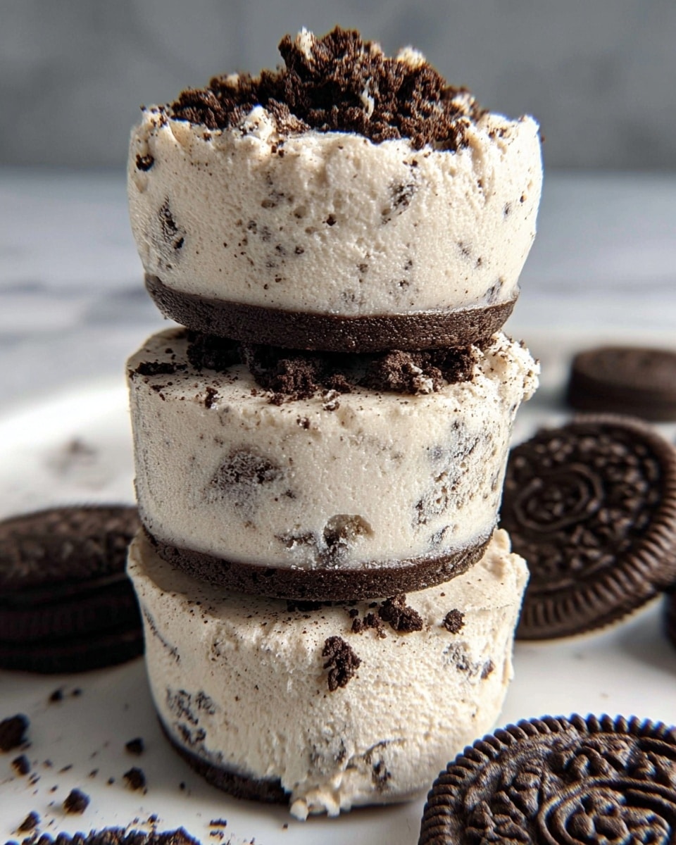 A close-up view of a stack of three cookies and cream frozen desserts, each with three layers: the bottom and top layers are creamy white with small dark cookie crumbs mixed in, showing a soft, textured surface, while the middle layer of each dessert is a solid dark chocolate cookie, thin and smooth, creating a clear contrast. The topmost dessert is sprinkled with chunks of crushed cookies, adding rough dark specks over the creamy white surface. The stack is placed on a white marbled surface, with some scattered cookie crumbs and whole chocolate cookies visible around it. photo taken with an iphone --ar 4:5 --v 7