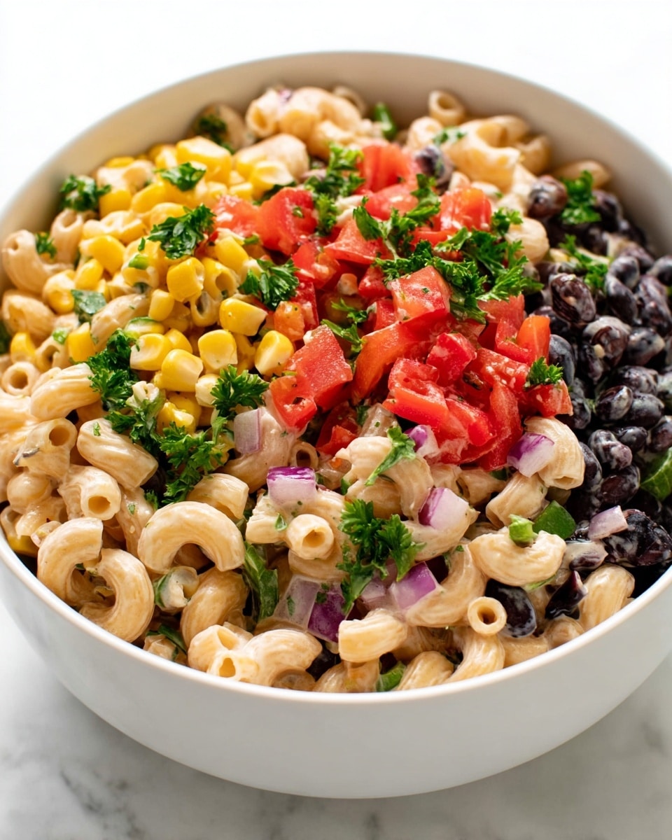 A white bowl filled with a colorful pasta salad showing three main layers: at the bottom, light beige elbow macaroni with a smooth texture, mixed evenly throughout with small black beans. The middle layer includes bright yellow corn kernels and small pieces of chopped red onion, offering a contrast of shiny and crisp textures. The top layer features scattered chopped red bell peppers and fresh green parsley leaves, adding vibrant splashes of red and green, all lightly coated with a creamy white dressing that ties the ingredients together, sitting on a white marbled surface. photo taken with an iphone --ar 4:5 --v 7