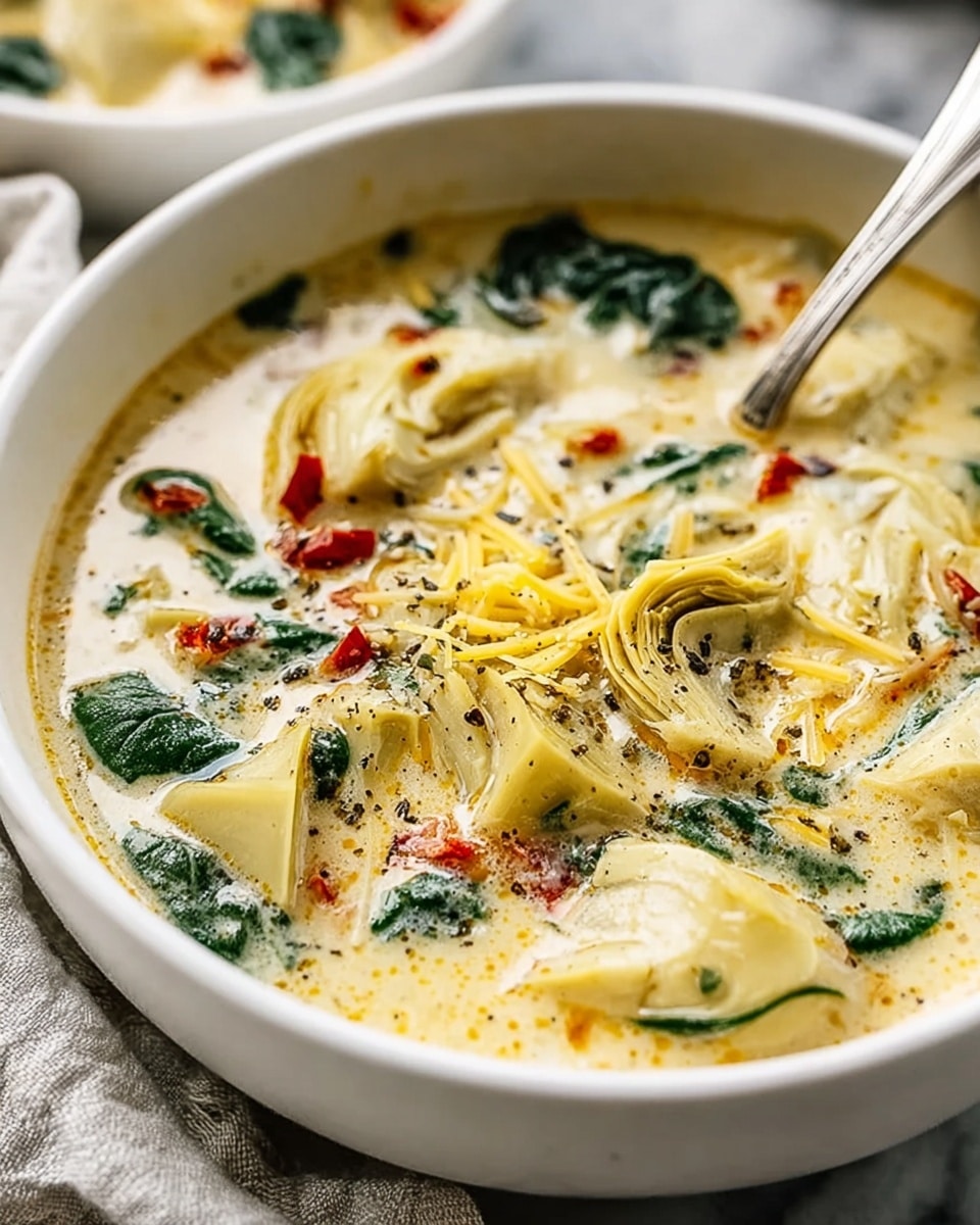 A close-up view of a creamy soup served in a white bowl, filled with visible layers of light yellow cream broth, chunks of pale green artichoke hearts, dark green spinach leaves, and small red pepper pieces. The soup is topped with a sprinkle of black pepper and melted yellow cheese strands. A silver spoon partially rests inside the bowl on the right side. The bowl sits on a cloth over a white marbled texture. Photo taken with an iphone --ar 4:5 --v 7