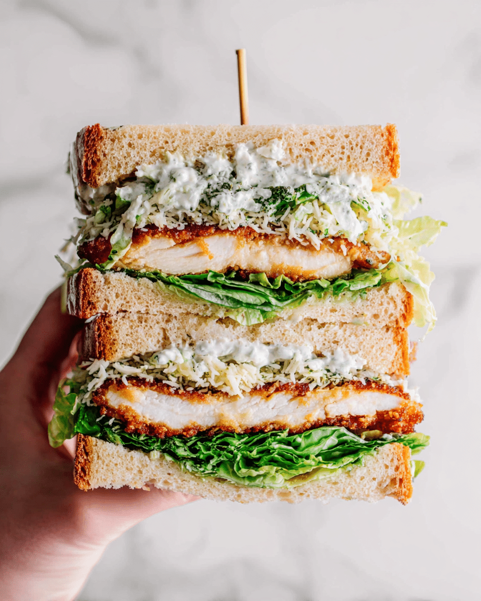 A close-up of a thick sandwich held by a woman's hand showing three layers of food between two slices of light brown, soft bread. The bottom layer has fresh green lettuce with some white sauce and a layer of shredded white cheese on top. Above this is a thick, golden-brown breaded chicken fillet, followed by more shredded white cheese. Next, there is another thick breaded chicken fillet. The top layer has fresh green lettuce mixed with white sauce, topped with more shredded white cheese. A wooden toothpick skewers through the sandwich from top to bottom. The background is a white marbled texture. photo taken with an iphone --ar 4:5 --v 7