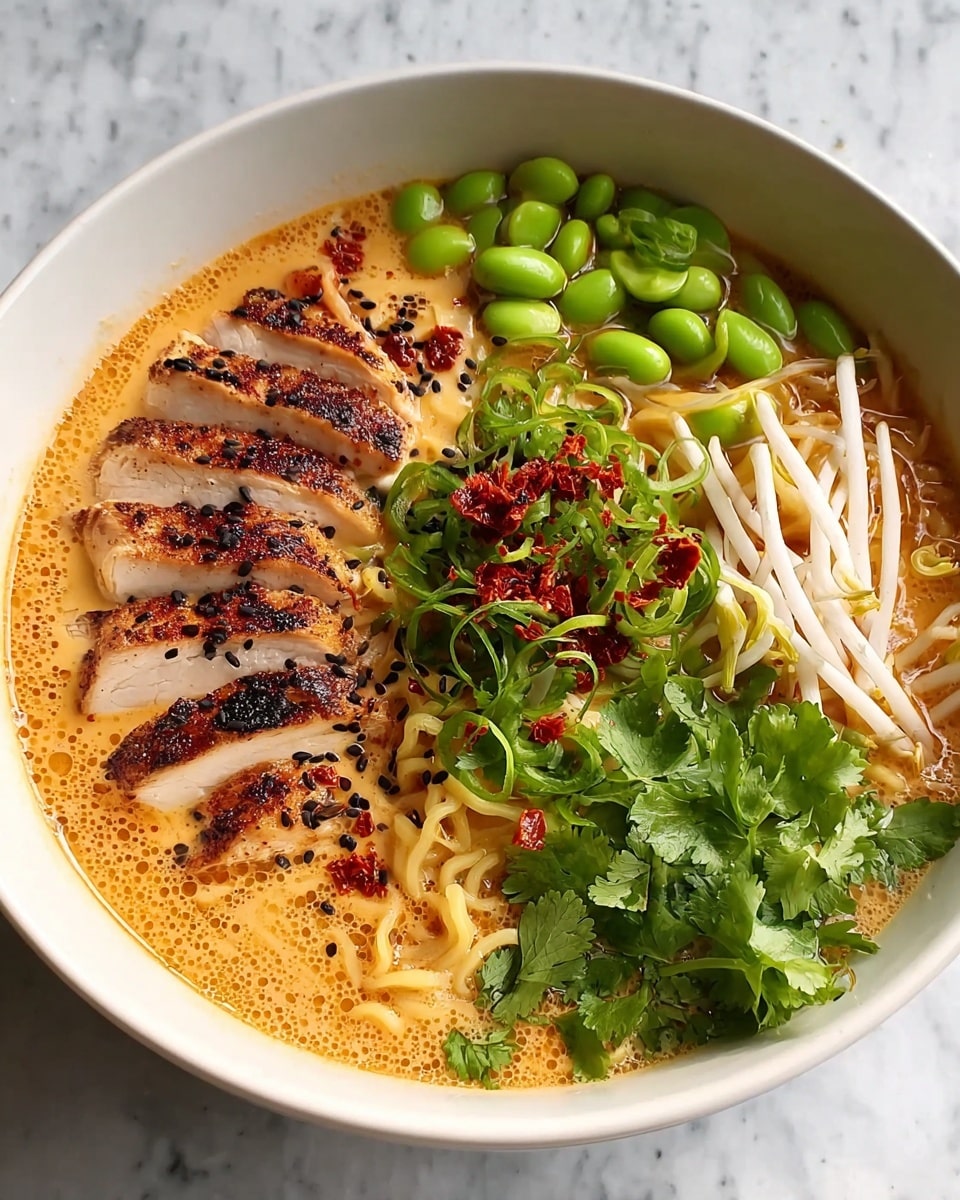 A bowl of ramen with a light orange, creamy broth fills the base, showing bubbles and a smooth texture. On the left side, there are six slices of grilled chicken with a golden-brown char, each slice topped with red chili flakes and black sesame seeds. Near the top right are bright green edamame beans, shiny and fresh-looking. To the right of the chicken, there are curly light-yellow ramen noodles partly submerged in the broth, topped with a few white bean sprouts with a crisp texture. On the far right side sits a bunch of fresh green cilantro leaves with a leafy texture. Scattered over the center are thinly sliced bright green onions with curled edges and more red chili flakes over them. The bowl is white, set on a white marbled surface. Photo taken with an iphone --ar 4:5 --v 7