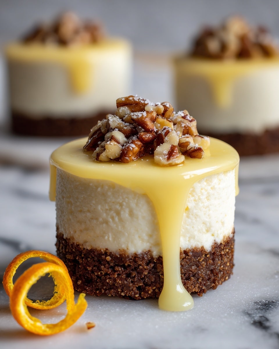 The image shows a mini cheesecake with three layers: a crumbly brown base made of crushed nuts or cookies at the bottom, a thick white creamy cheesecake layer in the middle, and a smooth yellow sauce dripping down the sides on top. It is garnished with chopped nuts and a small piece of a chestnut or similar nut on the very top. The dessert sits on a white marbled surface, with some orange peel curls nearby and another mini cheesecake blurred in the background. photo taken with an iphone --ar 4:5 --v 7