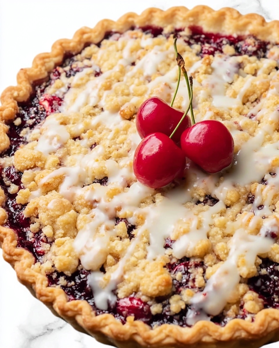 A cherry crumble pie is shown with a golden-brown crust forming a scalloped edge around the pie. The first layer is a dark red cherry filling with a glossy texture that slightly oozes beneath a crumbly, light yellow streusel topping scattered unevenly across the surface. Drizzled over the crumble is a white glaze appearing smooth and shiny. At the center of the pie, three fresh bright red cherries with green stems are placed as decoration. The pie is set against a white marbled surface. photo taken with an iphone --ar 4:5 --v 7