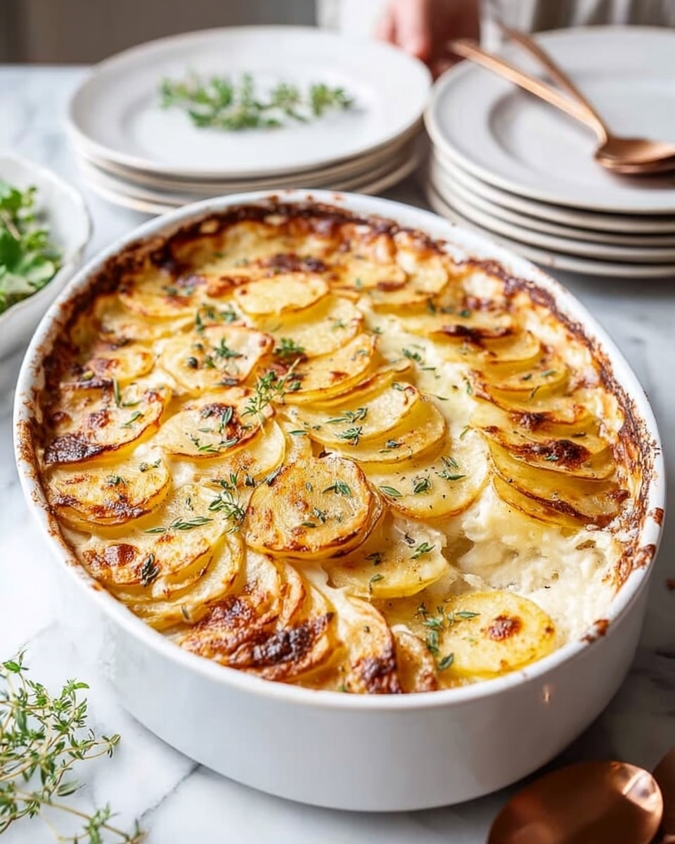 A baked potato gratin is shown in a white oval dish placed on a white marbled surface. The dish has one main layer of thinly sliced golden-brown potatoes arranged neatly in overlapping rows around the edge, with creamy melted cheese filling the center. The potato edges are slightly crispy and browned with some darker spots near the rim. Fresh green herbs are scattered on top for garnish. In the background, there is a stack of white plates with a woman's hand holding a white plate and a small sprig of herbs. A copper spoon is visible on the right side. Photo taken with an iphone --ar 4:5 --v 7