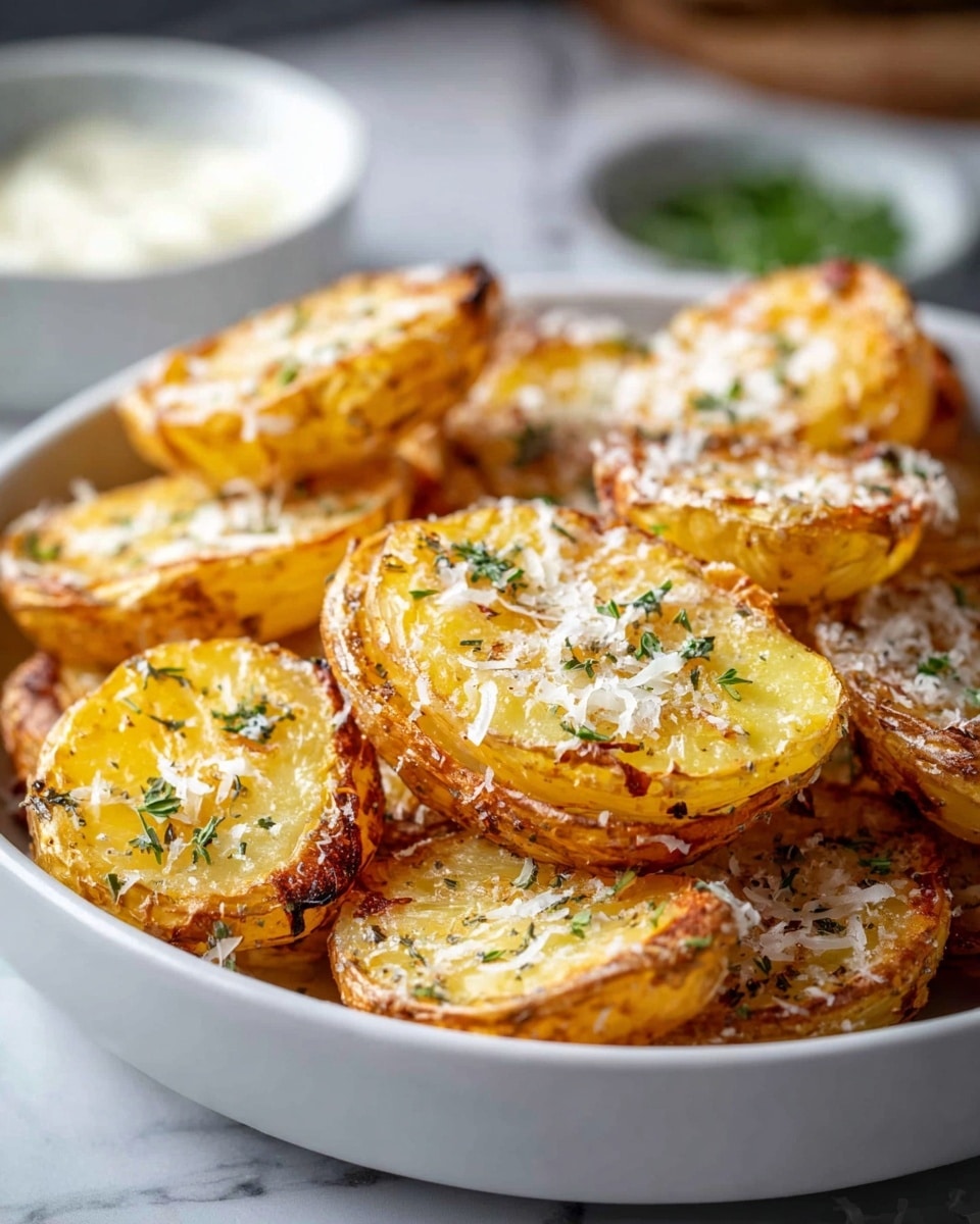 A white bowl filled with golden roasted potato halves arranged in layers, each piece having a crispy, browned edge and a soft, yellow interior. The potatoes are sprinkled with finely grated white cheese and small green herb leaves scattered evenly on top. The background is a white marbled texture with a blurred bowl of creamy white sauce in the back. Photo taken with an iphone --ar 4:5 --v 7
