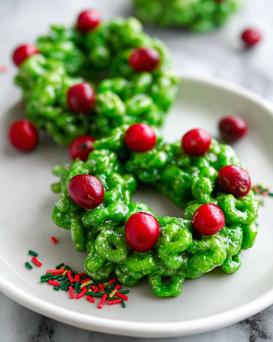 The image shows two small wreath-shaped treats on a white plate sitting on a white marbled surface. Each wreath is made of bright green clusters with a glossy texture, resembling glazed cereal or candy pieces. Scattered on top and around the wreaths are small, round, shiny red candies, which look like holly berries. A few thin, red and green sprinkles are also visible near the wreaths on the plate. The overall look is festive and colorful, suggesting a holiday-themed sweet treat. photo taken with an iphone --ar 4:5 --v 7