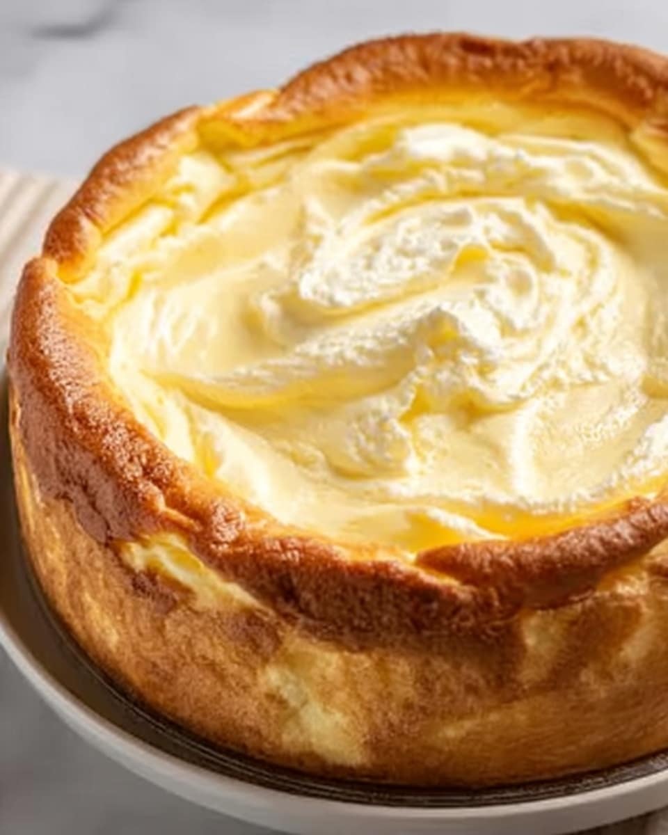 A close-up image of a creamy yellow cheesecake with a slightly browned and thick crust on the edges. The top layer is smooth and glossy with soft waves and small patches where the creamy filling shows slight texture differences. The cheesecake sits on a white plate, all placed on a white marbled surface. Photo taken with an iphone --ar 4:5 --v 7