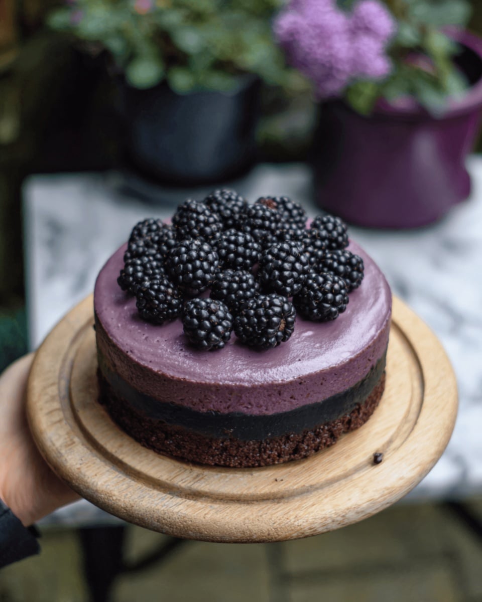 A small round cake with three visible layers sits on a light wooden round board. The bottom layer is dark brown and looks like a dense chocolate cake. The middle layer is black and appears smooth, almost like a firm chocolate base. The top layer is a shiny, thick purple frosting that covers the entire top surface. On top, there is a pile of fresh blackberries centered neatly. Part of a woman's hand is visible holding the board from the side. The background is a white marbled texture with a purple flower pot and a black object blurred in the back. Photo taken with an iphone --ar 4:5 --v 7