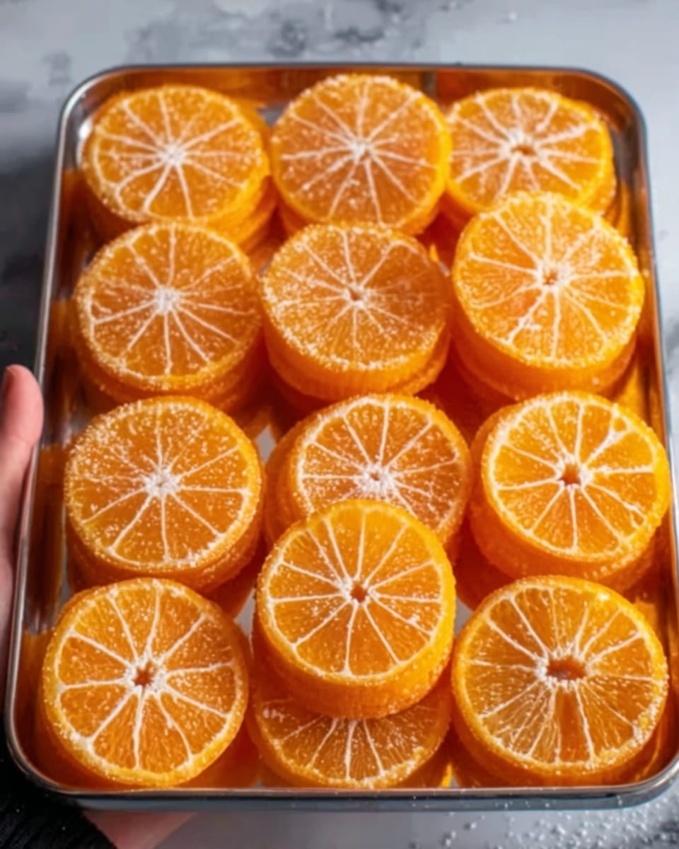 The image shows a tray full of neatly stacked orange slices. Each stack has two layers of bright orange pieces, showing the juicy texture and white lines of the fruit segments clearly on top. The orange slices are arranged tightly on a silver tray, and a woman's hand is holding the tray on the right side. The background is a white marbled texture. photo taken with an iphone --ar 4:5 --v 7