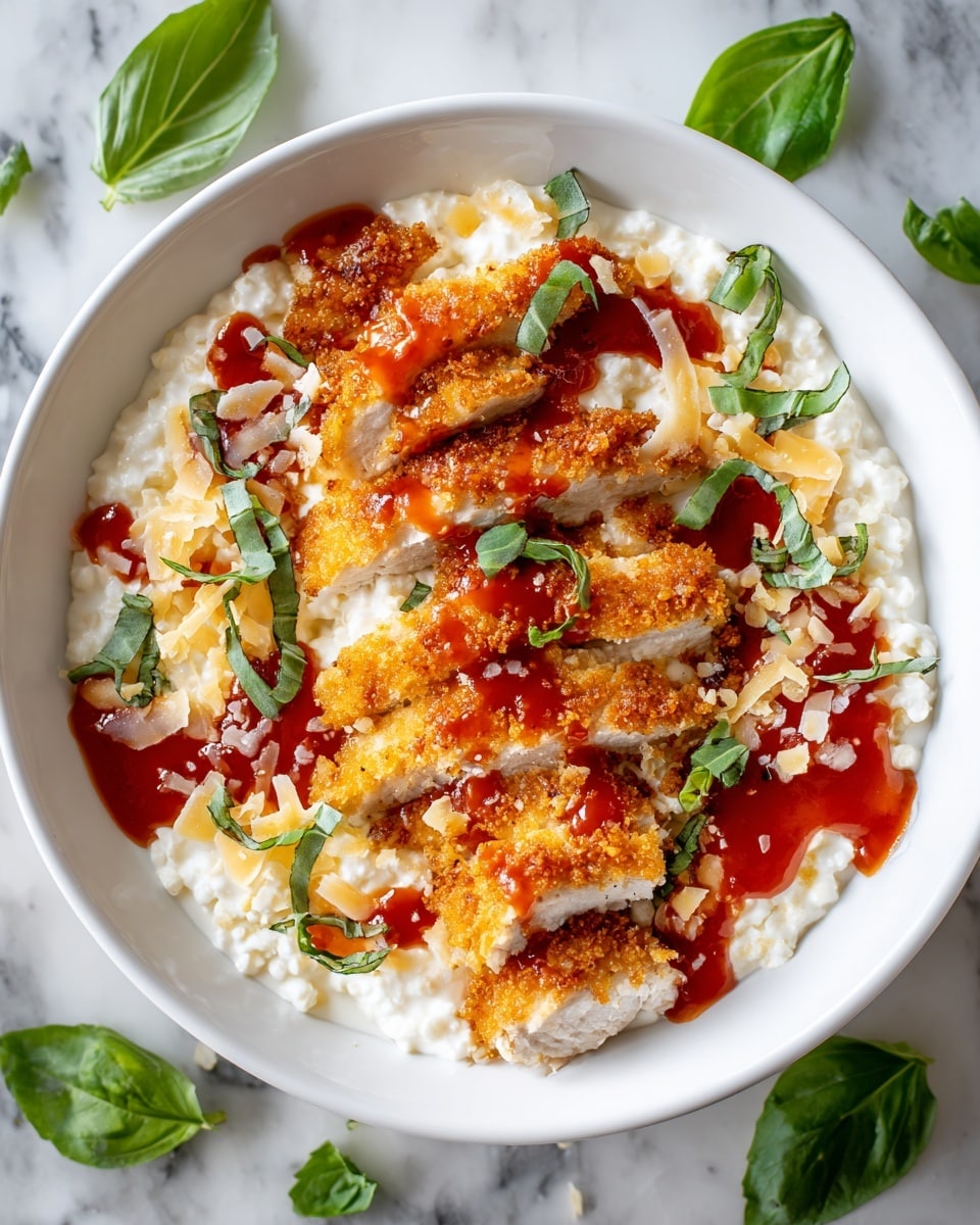 A white bowl filled with a base layer of creamy white cottage cheese, topped with thin slices of golden brown crispy chicken breast arranged in the center, drizzled generously with a red sauce that pools around the edges. Scattered across the chicken and cottage cheese are small shreds of pale yellow cheese and fresh dark green basil leaves, both whole and sliced. The bowl sits on a white marbled surface with some basil leaves casually placed around it for decoration. photo taken with an iphone --ar 4:5 --v 7