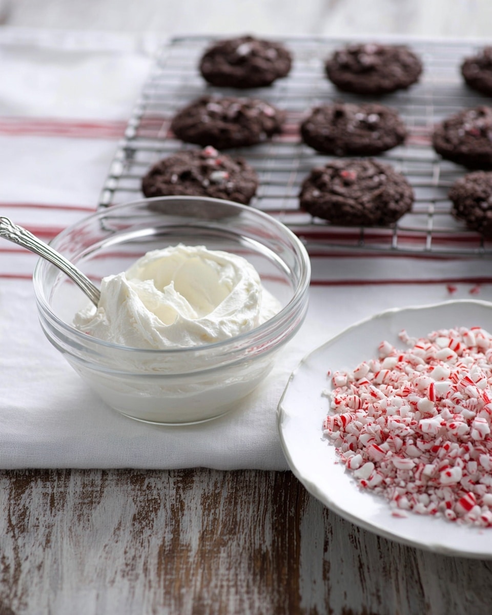 The image shows a clear glass bowl with white creamy frosting and a silver spoon inside, placed on a rustic wooden surface. In the background, there is a cooling rack holding two rows of dark brown chocolate cookies with a textured, slightly rough top. In the foreground, there is a white plate filled with crushed red and white peppermint candy pieces. The whole scene is set against a white marbled texture surface with a white cloth featuring thin red stripes partly visible. Photo taken with an iphone --ar 4:5 --v 7