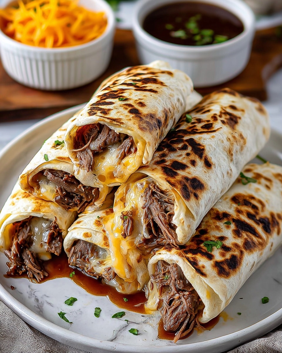 Six grilled burritos are stacked on a white plate placed on a white marbled surface. Each burrito is wrapped in a slightly charred, light golden tortilla with some darker grill marks, filled with layers of tender shredded beef and melted cheese that is gooey and shiny, oozing out slightly. Small green herbs are sprinkled on top of the burritos for garnish. Behind the plate, there are two small white bowls, one with dark brown sauce and the other with shredded orange cheese. Photo taken with an iphone --ar 4:5 --v 7