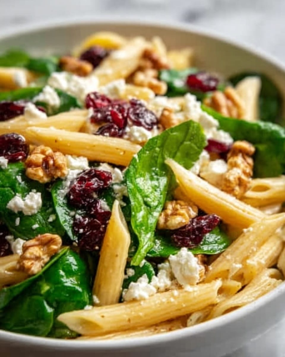 The dish is a close-up of a pasta salad in a white bowl placed on a white marbled surface. The pasta is penne, pale yellow in color and cooked al dente, forming the base layer. Mixed evenly with the pasta are fresh, dark green spinach leaves that add a burst of color and texture. Scattered on top are small crumbles of white cheese, creamy and slightly soft, as well as clusters of deep red dried cranberries. The final layer consists of golden-brown walnut pieces, adding a crunchy texture. The overall look is fresh, colorful, and inviting, with all elements clearly visible and well balanced in the bowl. Photo taken with an iphone --ar 4:5 --v 7
