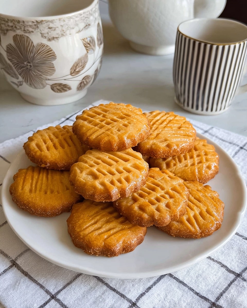 A white plate with nine round, golden-brown cookies arranged in a small pile, each cookie having a scalloped edge and a glossy finish with a crisscross pattern pressed into the top surface. The cookies have a slightly crunchy texture with a warm amber color. The plate rests on a white tablecloth with thin black grid lines, and in the background, there are two ceramic mugs with leaf patterns and one white teapot with black stripes, all placed on a white marbled surface. Photo taken with an iphone --ar 4:5 --v 7