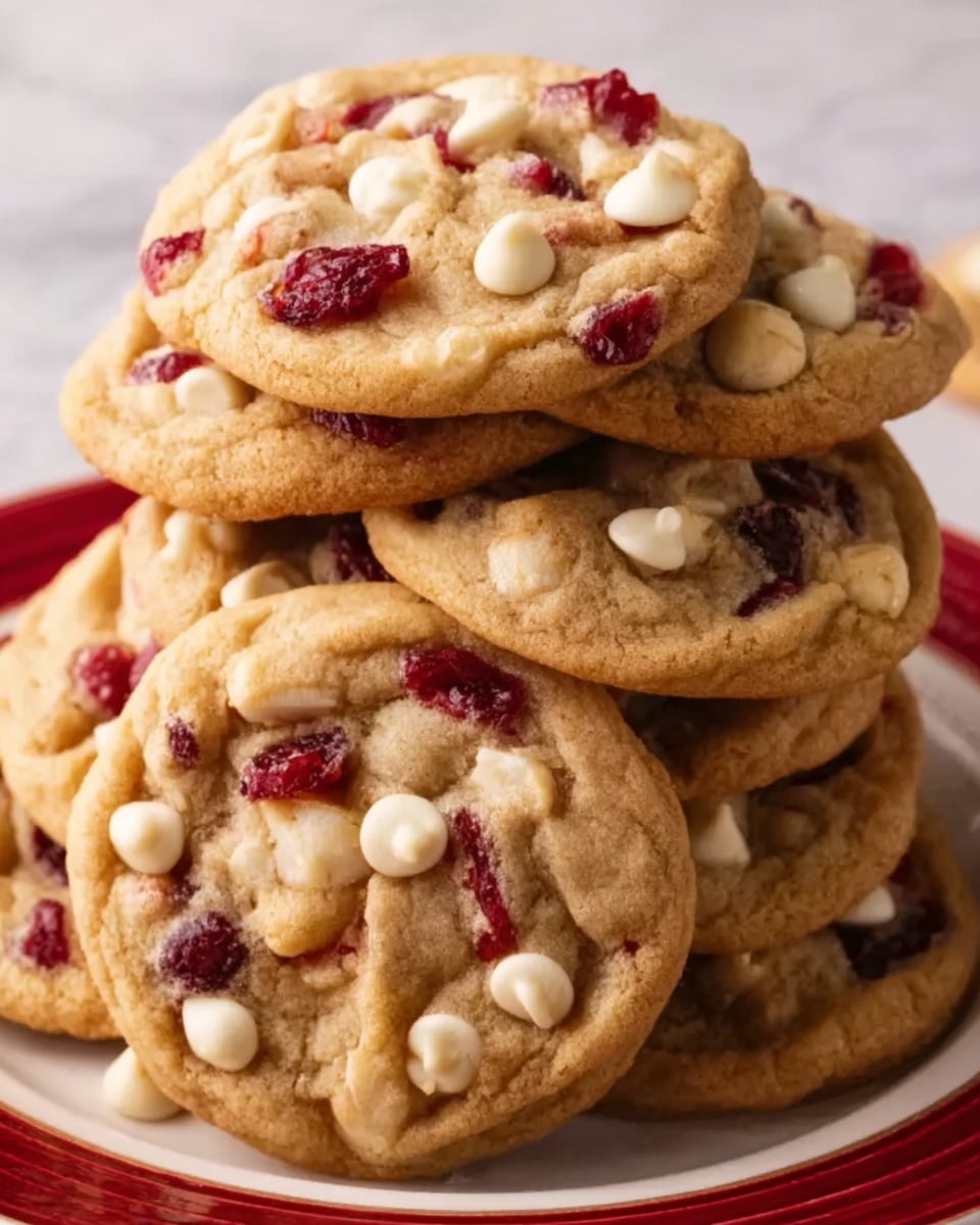 A stack of soft, chewy cookies piled high on a white plate with a red rim, each cookie loaded with bright red dried cranberries and creamy white chocolate chips that contrast with the golden brown dough. The cookies show a slightly cracked texture, with white chocolate chips melting slightly and cranberries peeking through the surface. The background is a white marbled texture. photo taken with an iphone --ar 4:5 --v 7