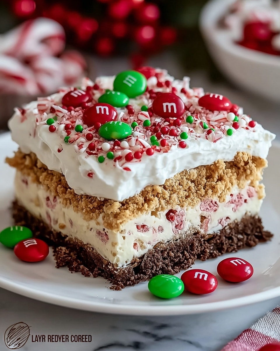 A square layered dessert is served on a white plate on a white marbled surface. The bottom layer is a dark chocolate crumb crust with a rough texture. Above that is a thick creamy white layer with small bits of red, like crushed candy canes. The middle layer is a crumbly light brown cookie or graham cracker type, slightly thicker than the cream layer. The top layer is a thick, fluffy white whipped cream spread evenly. It is decorated with red and green small round sprinkles and larger red candy pieces with white “m” letters on top. A few red and green candies are scattered beside the dessert on the plate. Photo taken with an iphone --ar 4:5 --v 7