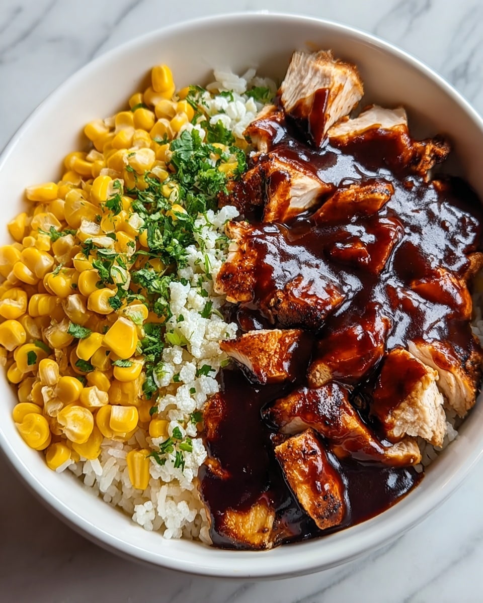 A white bowl filled with three main layers arranged side by side: on the left, bright yellow corn kernels mixed with small pieces of fresh green herbs; in the middle and right sections, pieces of grilled chicken covered in a thick, dark brown sauce that looks glossy and rich; underneath all, a base layer of soft white rice with a slightly grainy texture, visible between the chicken and corn. The bowl sits on a white marbled surface, and the overall look is colorful and fresh, with the dark sauce creating a strong contrast against the light rice and corn. Photo taken with an iphone --ar 4:5 --v 7