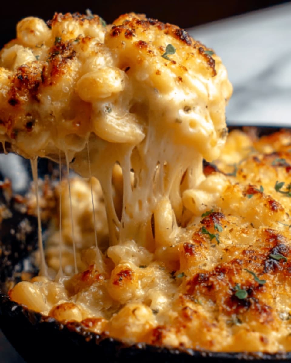 The image shows a close-up of a creamy macaroni and cheese dish in a black skillet. The macaroni pasta is coated in thick, melted cheese that stretches in gooey strings as it is lifted, showing a rich golden-yellow color with browned spots on top. The cheese has a smooth, glossy texture with small bits of herbs sprinkled on the surface. The edges of the skillet are slightly charred, adding contrast to the soft, cheesy pasta inside. The background is a white marbled texture. Photo taken with an iphone --ar 4:5 --v 7