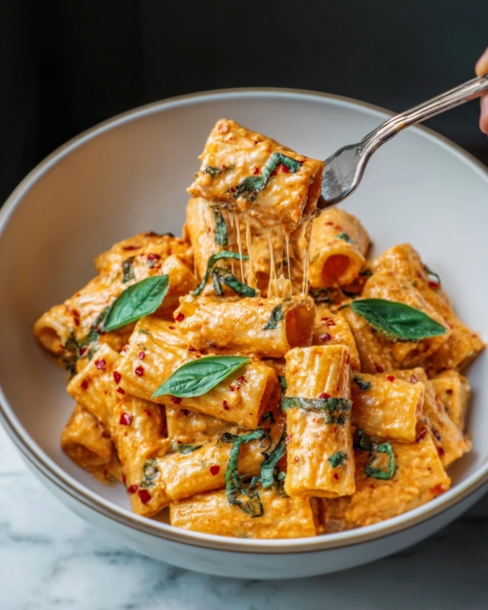 A white bowl sits on a white marbled surface, filled with rigatoni pasta coated in a creamy orange-colored sauce with visible red specks, likely spices or herbs. Fresh green basil leaves are evenly scattered over the pasta, adding contrast. A fork, held by a woman's hand, lifts a few rigatoni pieces with sauce stretching slightly in a cheesy, gooey texture. Photo taken with an iphone --ar 4:5 --v 7