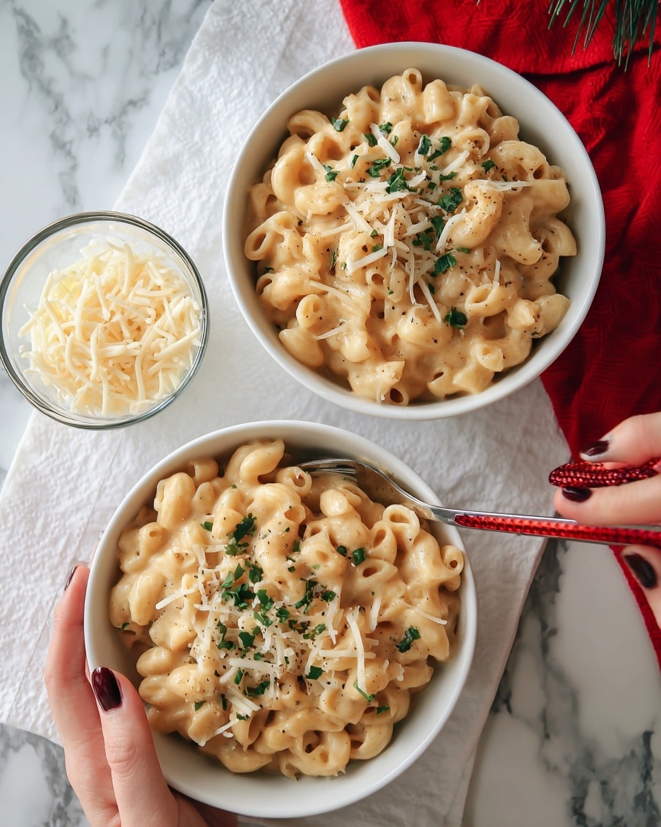 Two bowls filled with creamy macaroni and cheese sit on a white marbled surface. Each bowl is white and speckled, with a layer of soft cooked macaroni coated in a smooth, light golden cheese sauce. Small green herb pieces are sprinkled on top, adding a touch of color. Red-handled spoons rest inside each bowl, with a woman's hand holding one spoon in the bowl at the top right. Nearby, a small clear bowl contains finely shredded cheese, ready to be added. All items rest on a white cloth with a red edge trim. Photo taken with an iphone --ar 4:5 --v 7