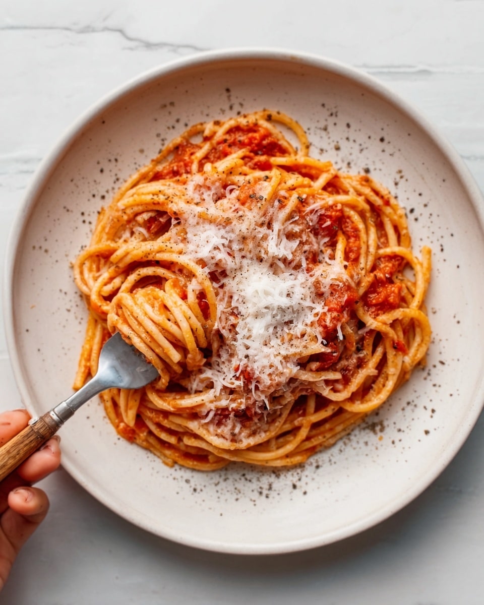 A white round plate filled with spaghetti covered in red tomato sauce with visible meat pieces, topped with a layer of finely grated white cheese and sprinkled with black pepper. A silver fork with a wooden handle is placed on the left side of the plate, with a woman's hand gently holding the fork. The background shows a white marbled surface. Photo taken with an iphone --ar 4:5 --v 7
