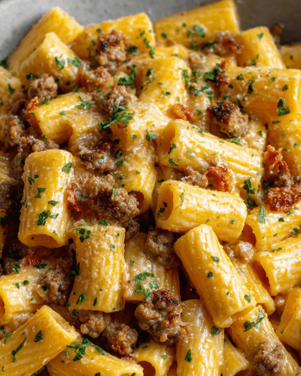 A close-up view of rigatoni pasta mixed with a creamy sauce, topped with browned sausage bits and finely chopped green herbs scattered evenly throughout. The rigatoni tubes are golden yellow with a slightly glossy texture, coated thickly in the sauce. The sausage pieces are small and crumbly with a browned, crispy look, nestled among the pasta. The background is a white marbled surface. Photo taken with an iphone --ar 4:5 --v 7