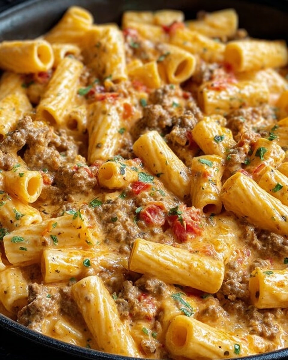 This close-up image shows a creamy pasta dish in a black pan, filled with short tube-shaped rigatoni pasta that is light yellow and covered in a smooth, creamy orange sauce. Mixed throughout are small chunks of browned ground meat and bits of red tomato, creating spots of red and brown on the pasta. The dish is sprinkled with small green herb pieces, adding a fresh touch on top of the creamy and meaty layers. The pasta looks soft and coated evenly, sitting closely packed in the pan. The photo taken with an iphone --ar 4:5 --v 7