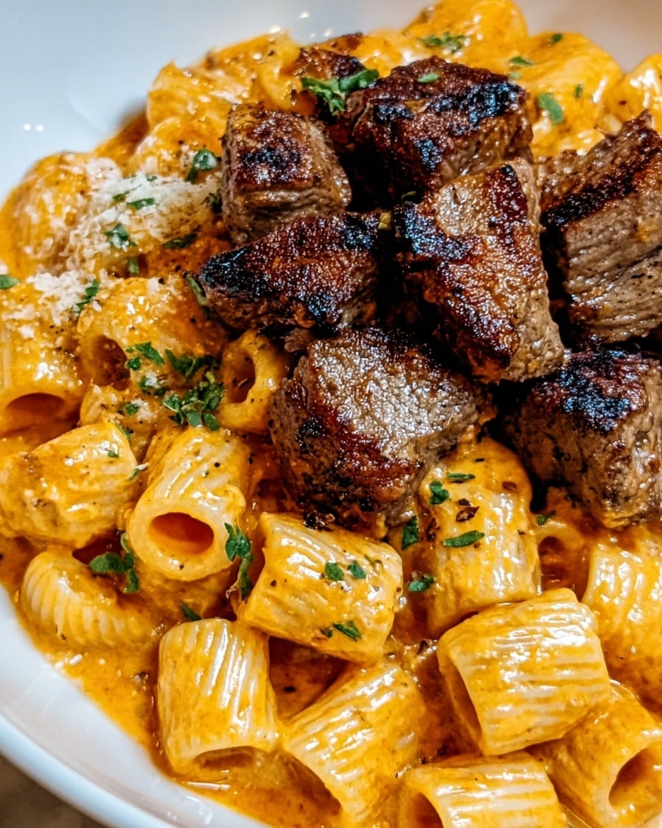 The image shows a close-up of a dish with short tube-shaped pasta covered in a creamy orange sauce, arranged in a white plate. On top of the pasta, there are several pieces of grilled meat with a dark brown, slightly crispy outside. Small green herb bits are sprinkled over the pasta and meat, adding a touch of color. The background is a white marbled surface. photo taken with an iphone --ar 4:5 --v 7