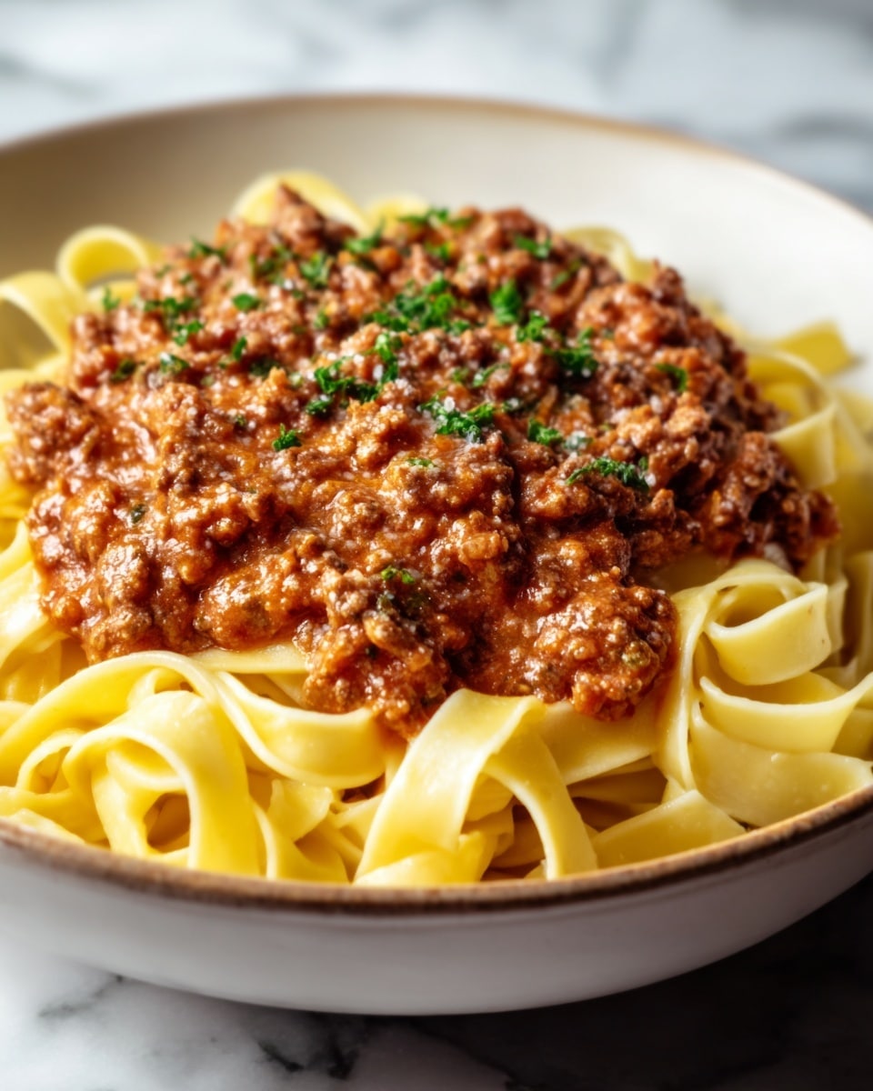 A white bowl filled with a bed of light yellow fettuccine pasta at the bottom, showing its smooth and slightly curled ribbon shape. On top of the pasta is a thick layer of brown ground meat sauce, chunky and moist, covering most of the pasta. Small green herb pieces are sprinkled evenly over the meat sauce, adding a fresh and colorful touch. The bowl rests on a white marbled texture surface. Photo taken with an iphone --ar 4:5 --v 7