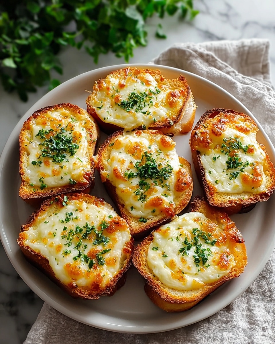 Seven pieces of toasted bread sit on a white plate, each topped with a thick, bubbly layer of melted cheese that is golden brown in spots. The cheese is sprinkled with finely chopped green herbs, adding a fresh color contrast on top. The toasted bread edges are a rich brown, showing a crunchy texture, while the inner bread remains soft and light-colored. The white plate sits on a white marbled surface with a soft fabric napkin beside it, and blurred green plants are in the background. photo taken with an iphone --ar 4:5 --v 7