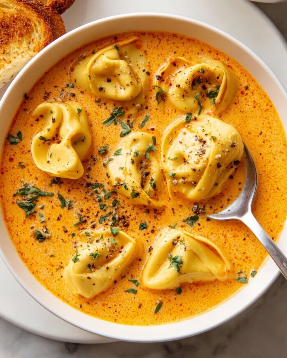 A white bowl filled with creamy orange soup with a smooth texture, containing several pieces of yellow tortellini pasta floating throughout. Each tortellini is slightly folded and filled, with a soft, smooth texture. The soup is topped with small green herb leaves scattered evenly on the surface along with a sprinkle of ground black pepper. A silver spoon is scooping one piece of tortellini near the top right edge of the bowl. The bowl sits on a white marbled surface, and a piece of toasted bread is partially visible on the upper left side. Photo taken with an iphone --ar 4:5 --v 7