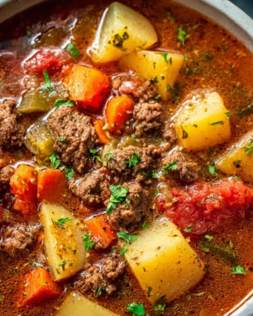 The image shows a bowl of thick beef stew on a white marbled background. The stew has several visible layers including chunky pieces of brown cooked ground beef mixed with yellow potatoes, orange carrot slices, and red tomato chunks, all surrounded by a rich brown broth. Small bits of green herbs are scattered on top for garnish. The bowl is white, and the close-up view focuses on the hearty texture and colors of the stew. Photo taken with an iphone --ar 4:5 --v 7