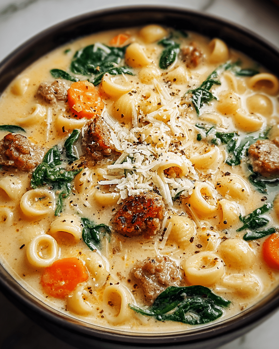 A close-up of a creamy soup in a white bowl showing three main layers: the creamy light beige broth forms the base, mixed evenly with small round pasta rings that are pale yellow, then scattered chunks of browned sausage and bright orange carrot slices add color and texture throughout, with dark green spinach leaves adding contrast on top. The soup is lightly sprinkled with grated cheese and black pepper flakes to finish. The bowl sits on a white marbled surface. Photo taken with an iphone --ar 4:5 --v 7