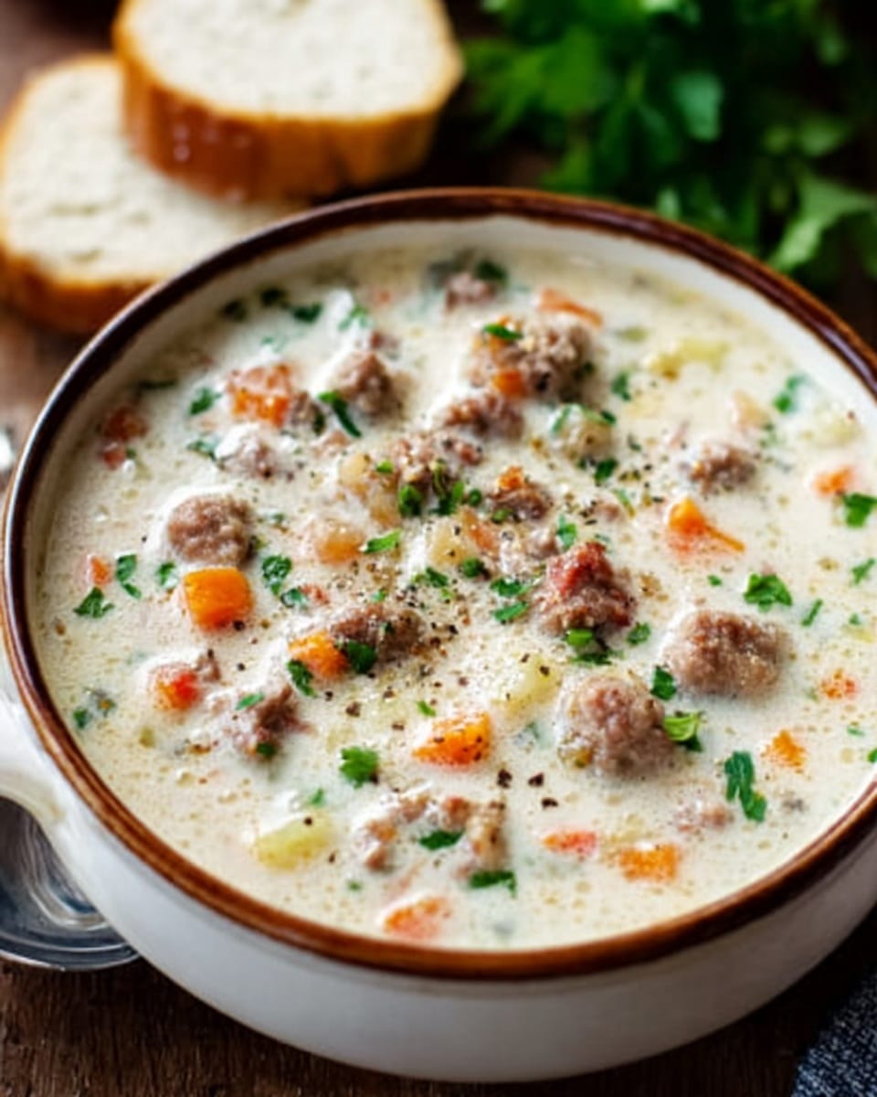 A close-up image shows a bowl of creamy soup filled with small cooked meat pieces, diced orange carrots, and green herbs scattered throughout. The soup has a thick white base with visible textures of meat and vegetables, giving it a rich and hearty look. The bowl is white with a simple brown rim, sitting on a wooden surface. The background includes blurred slices of white bread and some fresh green leaves. The photo taken with an iphone --ar 4:5 --v 7