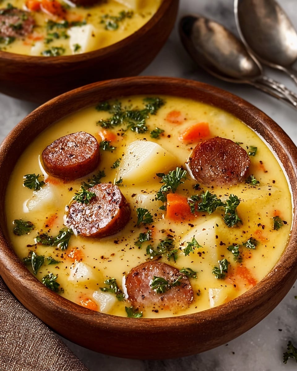A close-up view of a creamy yellow soup in a wooden bowl resting on a table with a white marbled texture. The soup has visible chunks of white potato pieces and small orange carrot bits layered throughout. On top, there are several slices of browned sausage arranged along with finely chopped green parsley scattered evenly. There are light specks of black pepper sprinkled across the surface, adding texture and color contrast. A second bowl with the same soup is partially visible in the background, and two silver spoons rest nearby on the white marbled surface. Photo taken with an iphone --ar 4:5 --v 7